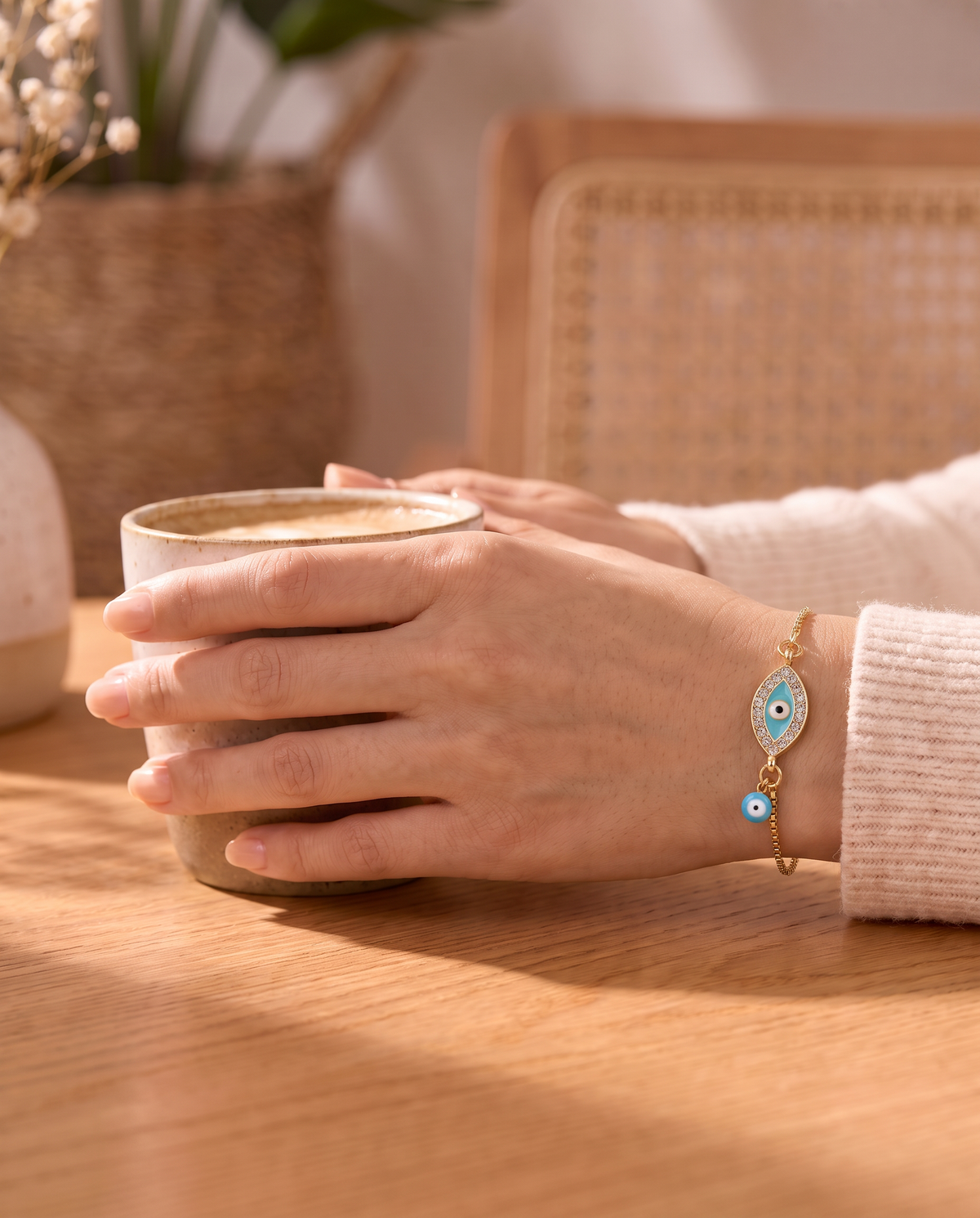 Felicia Bracelet worn with a coffee cup
